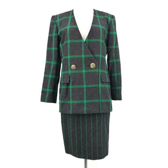 Vintage George Simonton Blazer Skirt Suit Womens 6 Wool Grey Green Plaid Jacket